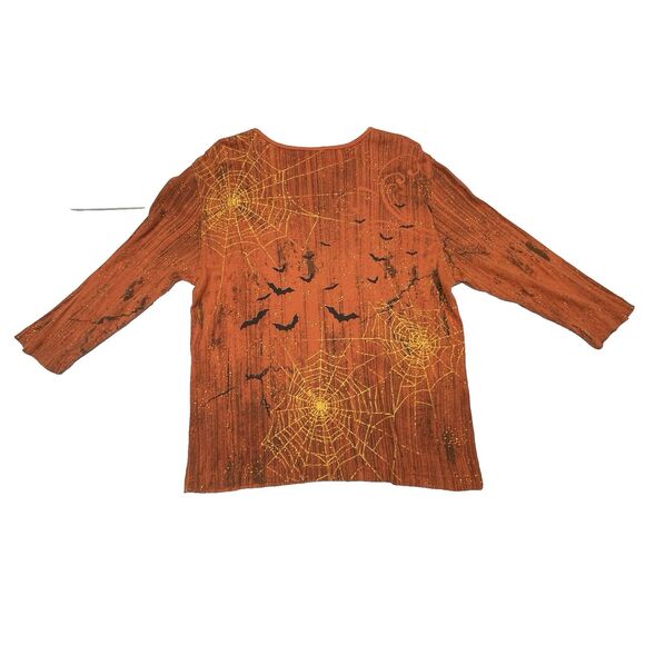 Studio Collection Halloween 3/4 Sleeve Shirt Orange Rhinestones Women's Size L - Picture 10 of 11